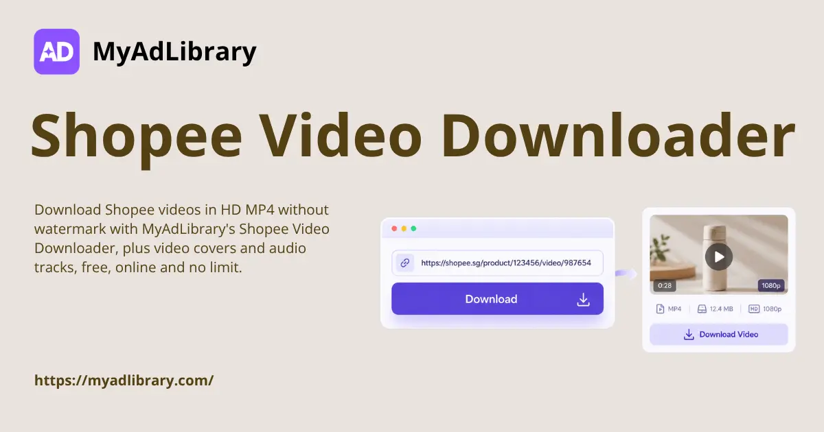 Shopee视频下载器的输入框与HD MP4预览、画质选择界面