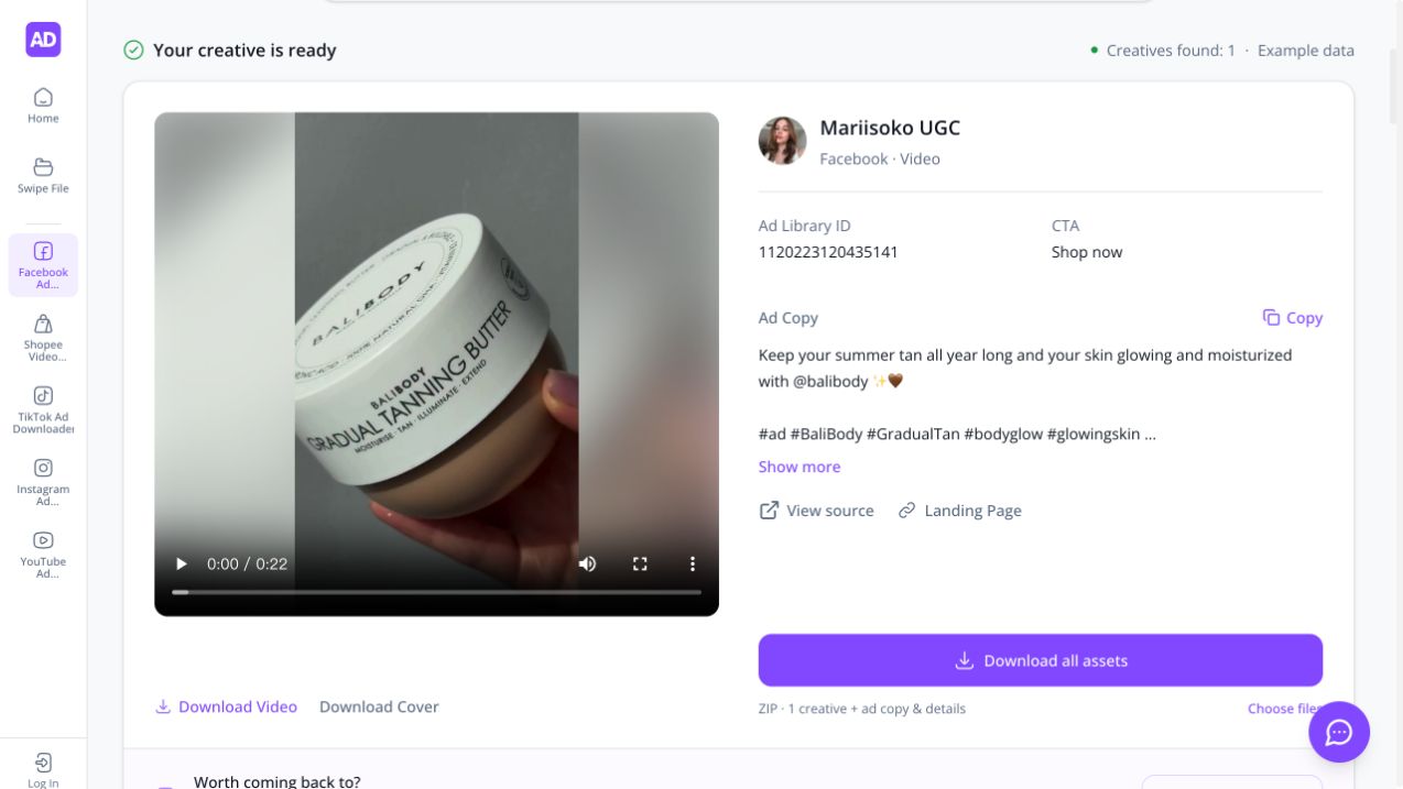 Facebook downloader Example data result for Mariisoko UGC with video, Ad Library ID 1120223120435141, Shop now CTA, ad copy, and source links