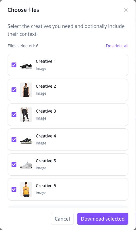 Choose files dialog for a Facebook ad with six selected image assets and a Download selected button