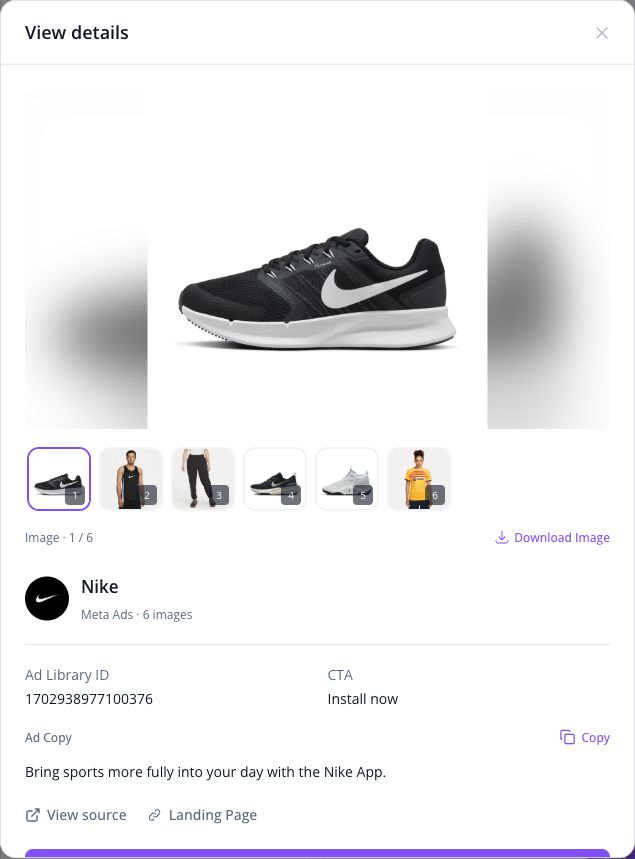 A Nike ad detail opened from the advertiser collection with six image thumbnails, Ad Library ID, CTA and ad copy