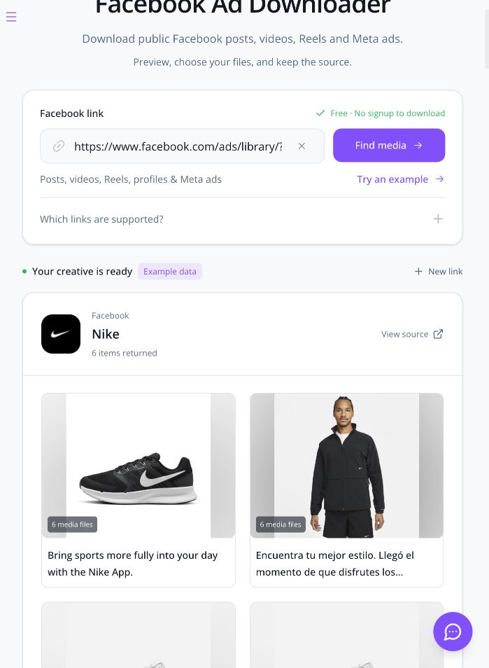 Facebook advertiser collection in the development downloader showing Nike, six returned items, media counts and the Example data marker
