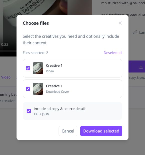 Facebook Choose files dialog with Creative 1 video and cover selected and Include ad copy and source details TXT plus JSON checked