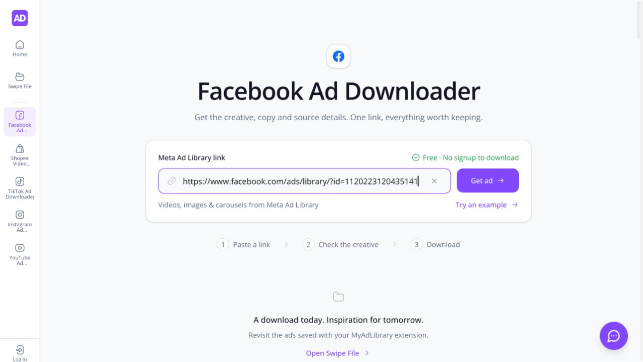 Individual Meta Ad Library URL with an ad ID pasted into the Facebook downloader link field beside Get ad