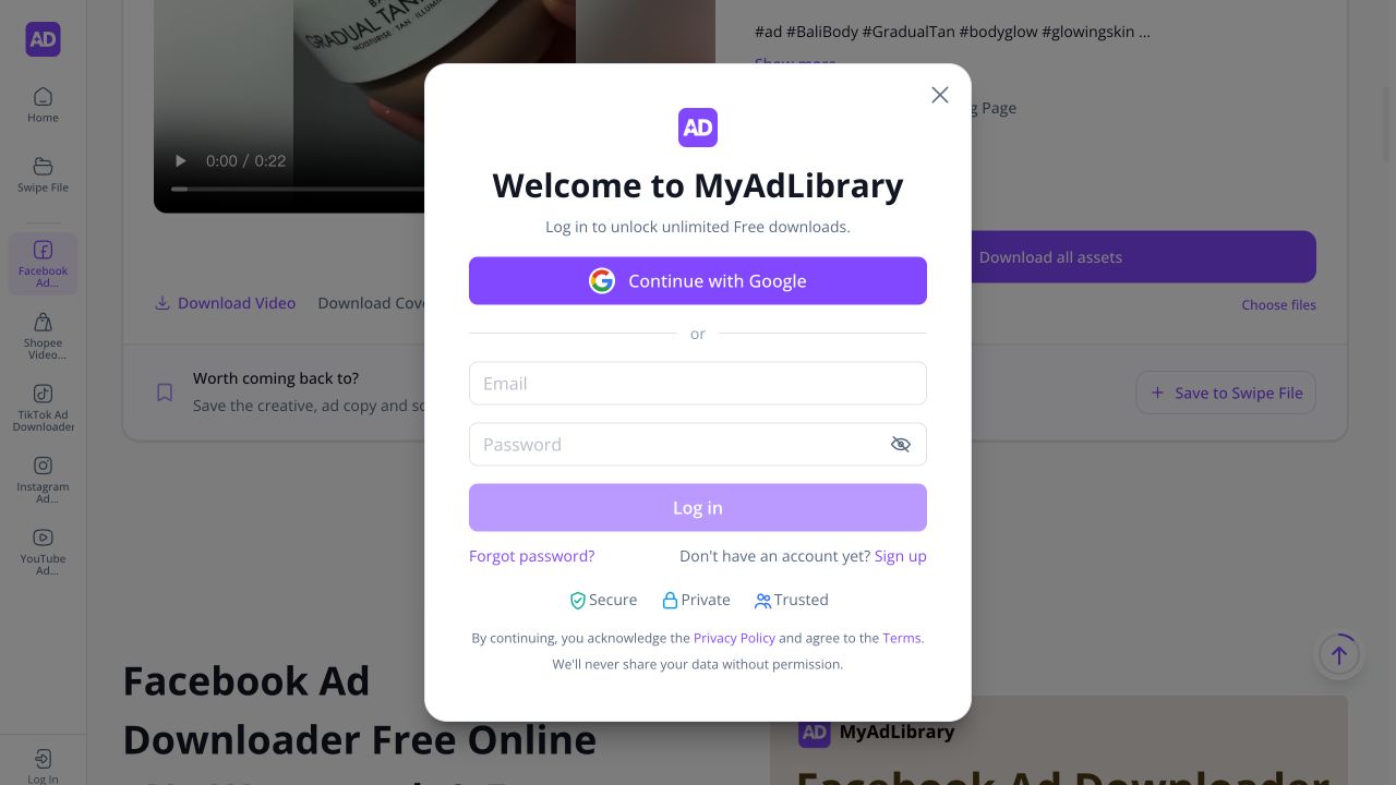 MyAdLibrary login dialog opened after selecting Save to Swipe File while logged out, with the ad result visible behind it