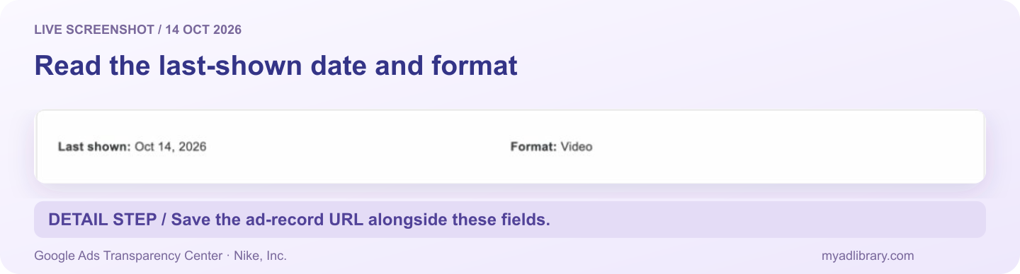 Cropped Nike Google ad-record fields showing the last-shown date and the Video format