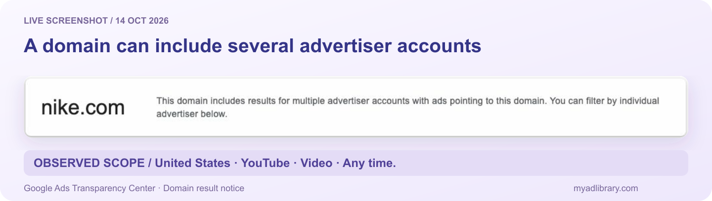 Google Ads Transparency Center notice for nike.com explaining that a domain includes results from multiple advertiser accounts