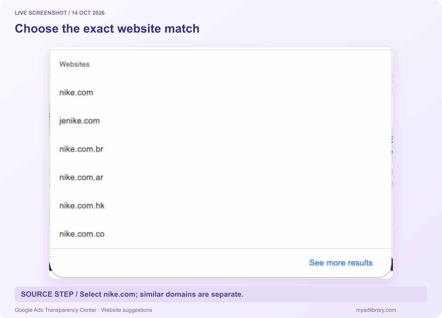 Actual Google Ads Transparency Center website suggestions showing nike.com and several distinct similar or regional domains
