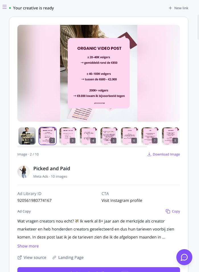 Picked and Paid result with card 2 of 10 selected, image thumbnails, ad ID and a Download Image control
