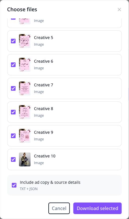 Instagram carousel file-selection dialog showing image cards, Include ad copy and source details, TXT plus JSON and Download selected