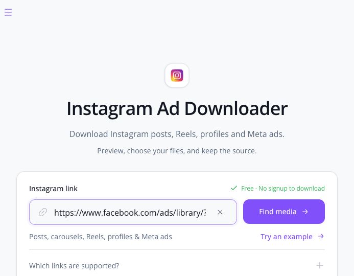 Instagram downloader input with Meta Ad Library ad ID 920561980774167 entered before Find media