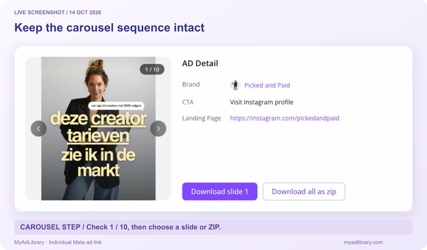 Picked and Paid carousel result in the Instagram downloader showing card 1 of 10, CTA, landing page, Download slide 1 and Download all as zip