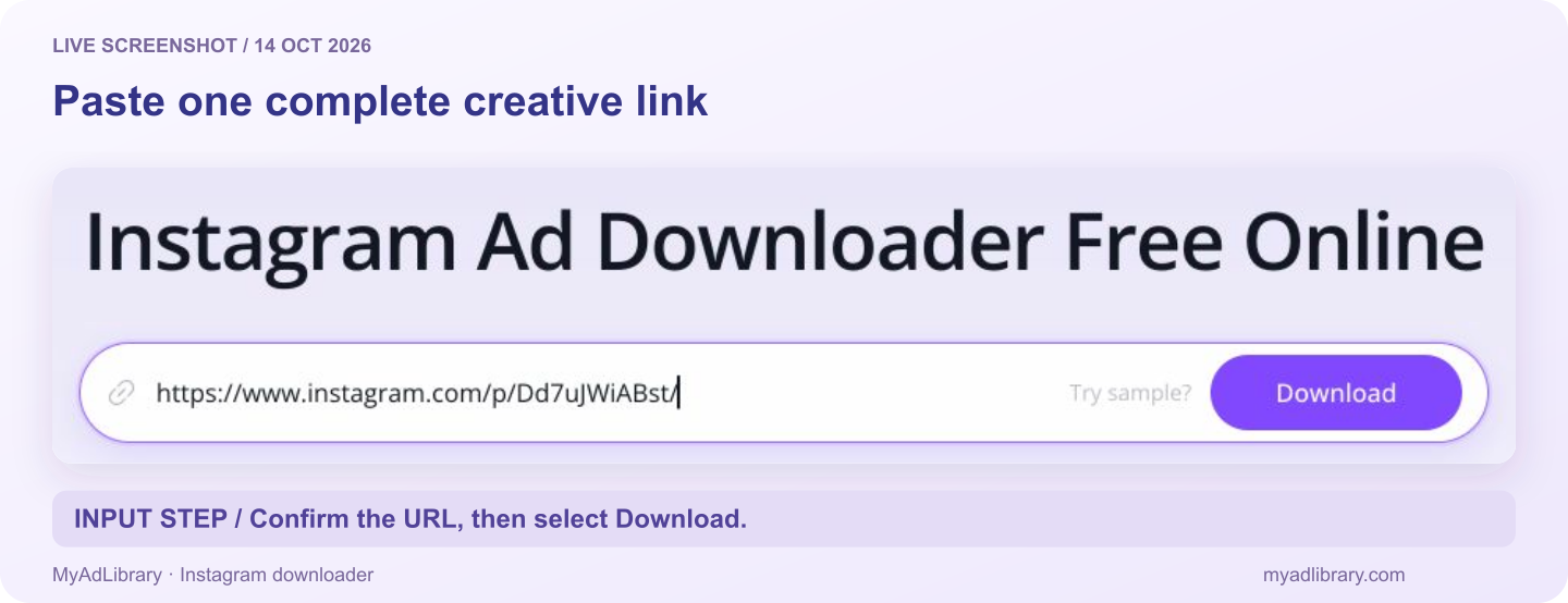 Instagram downloader with an individual Instagram post URL in the input beside the Download button