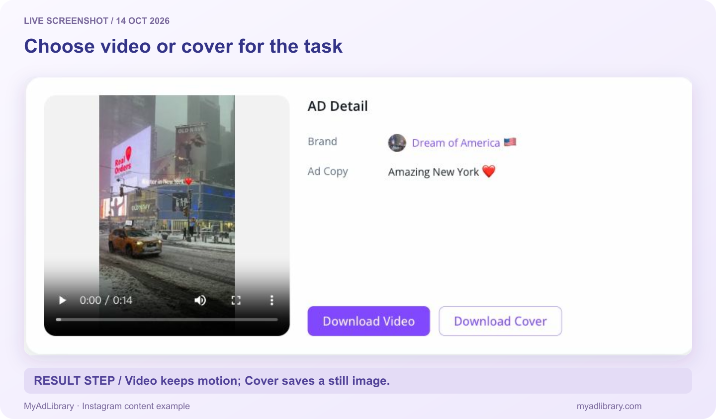 Actual Instagram content result showing Dream of America, the video preview, Ad Copy, Download Video and Download Cover