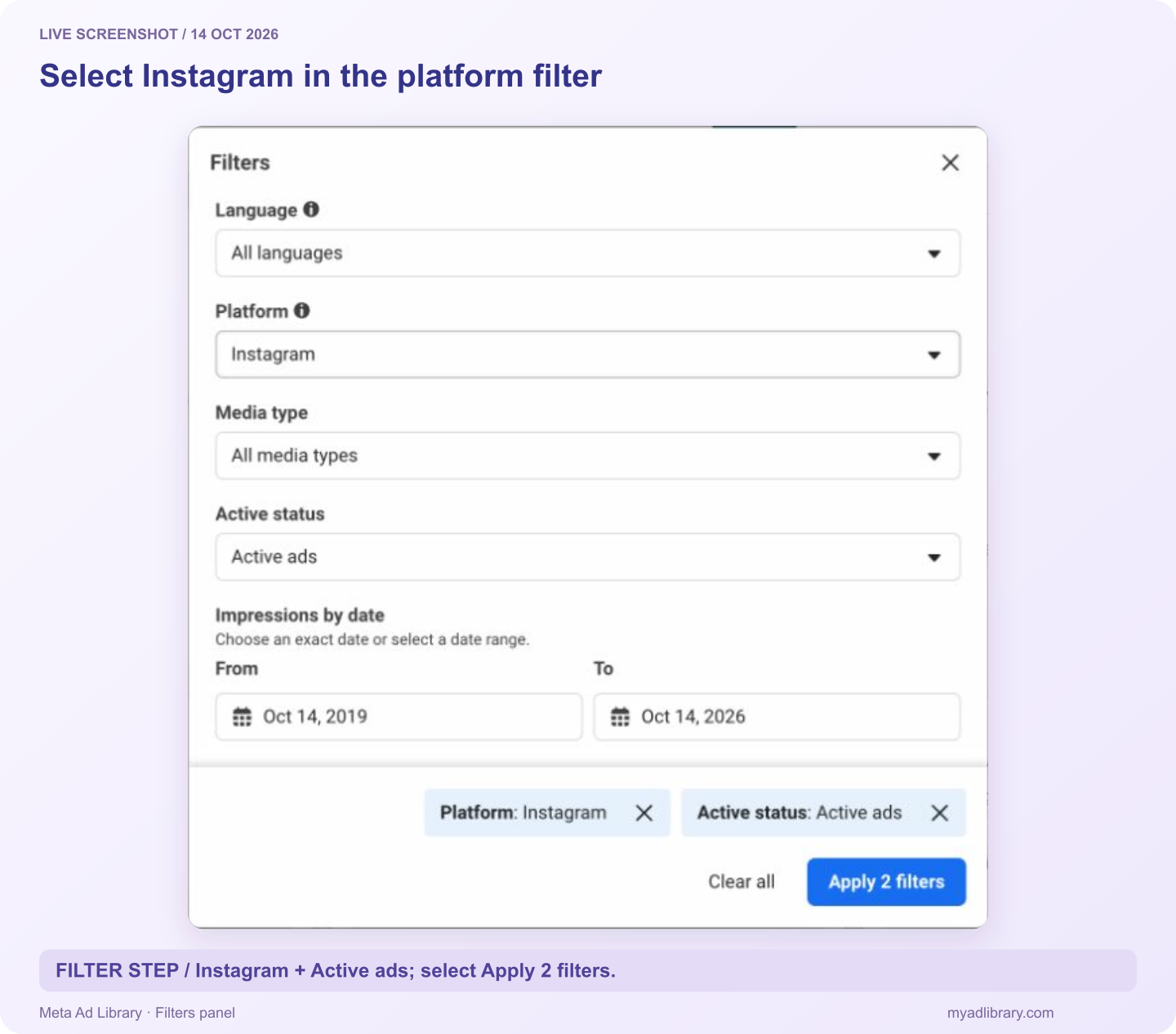 Meta Ad Library Filters panel with Platform set to Instagram, Active ads selected, and Apply 2 filters available