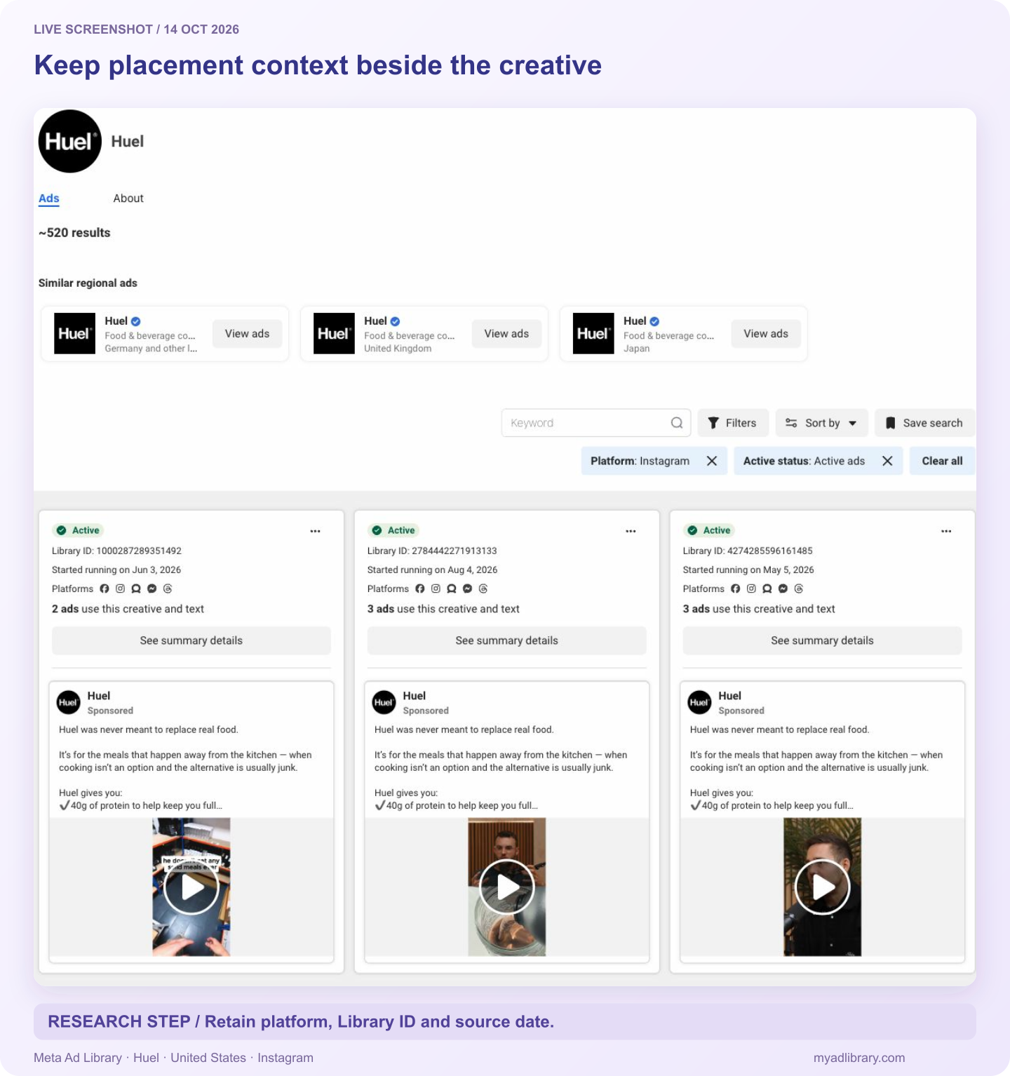 Huel Meta Ad Library results with Instagram and Active ads filters applied, showing source IDs, platform icons and three video creative previews