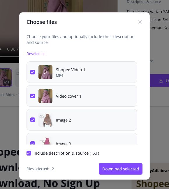 Shopee Choose files dialog with the video, video cover, nine images, and Include description and source TXT checked; 12 files selected