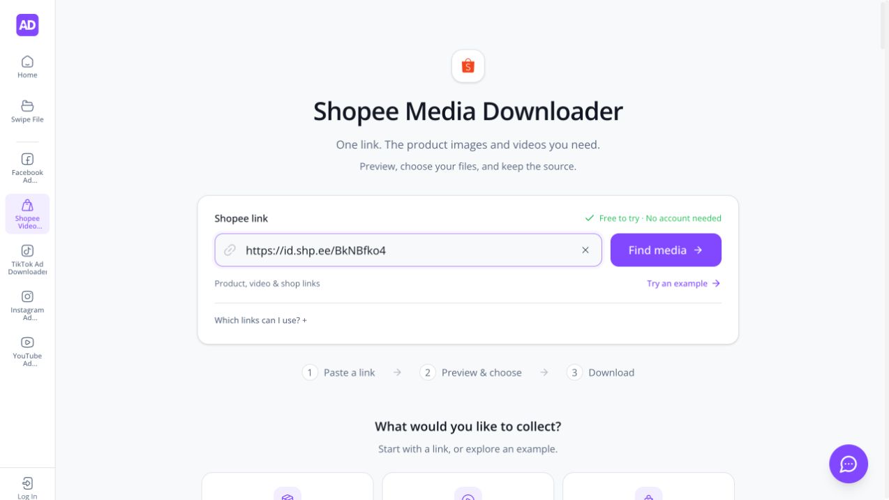 Shopee product share link pasted into the Shopee link field beside Find media