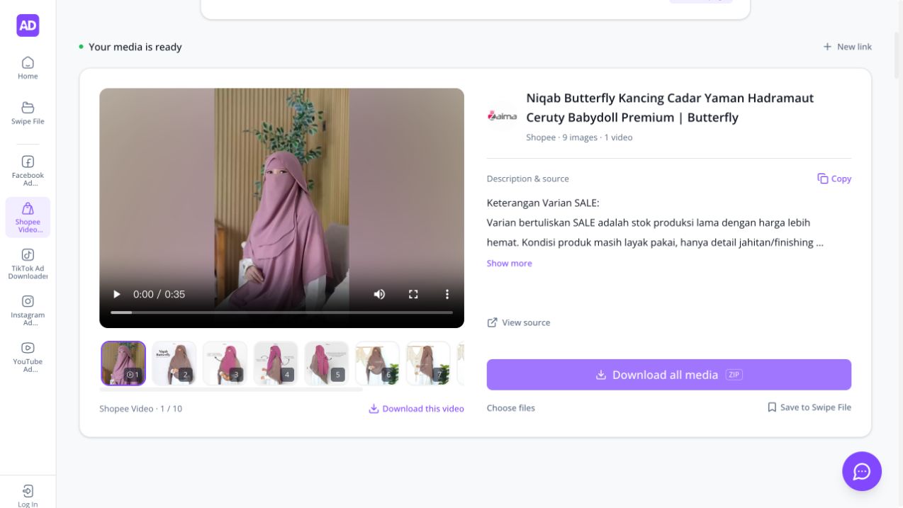 Shopee product result with a playable video, image thumbnails, 9 images and 1 video, description, and View source