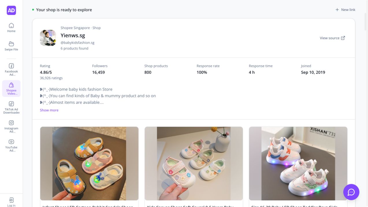 Shopee shop result for Yienws.sg showing 6 products found, a separate Shop products total of 800, and product preview cards