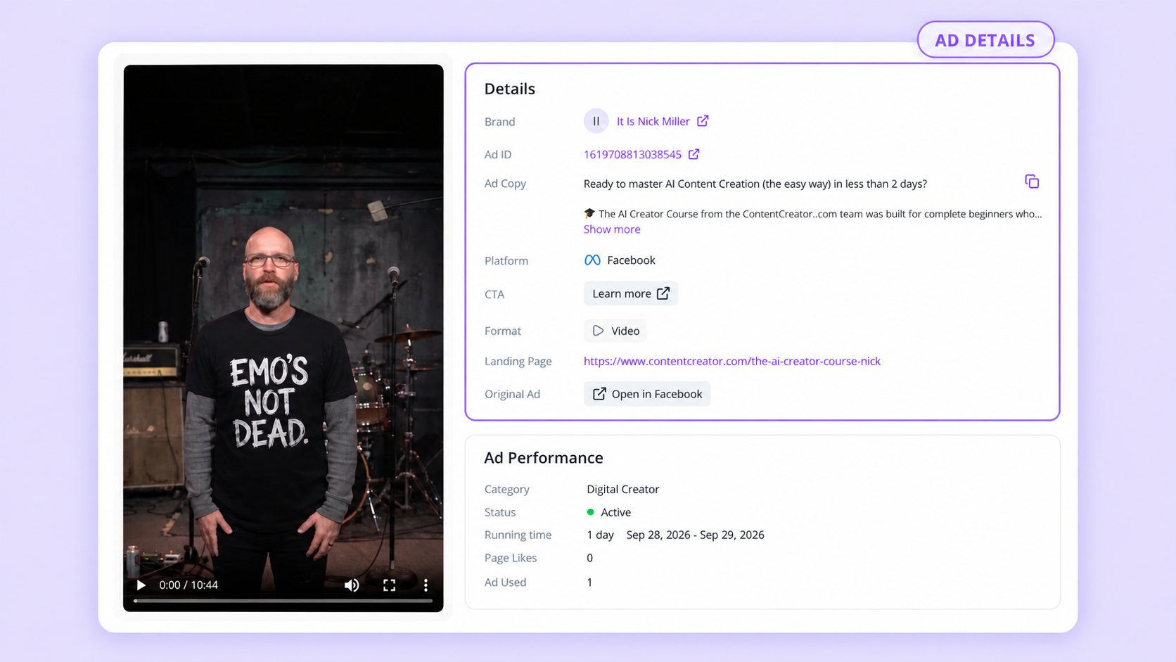 MyAdLibrary saved-ad detail view with a Facebook video and fields for Brand, Ad ID, Ad Copy, Platform, CTA, Format, Landing Page, and Original Ad