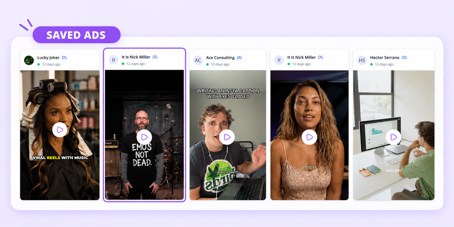 A populated MyAdLibrary Swipe File with Facebook ad cards, advertiser names, status indicators, and video previews