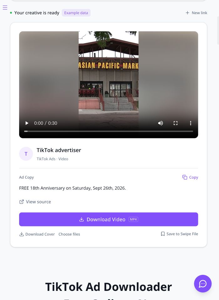 TikTok Top Ad example result with a 30-second video preview, ad copy, View source, Download Video and Download Cover controls
