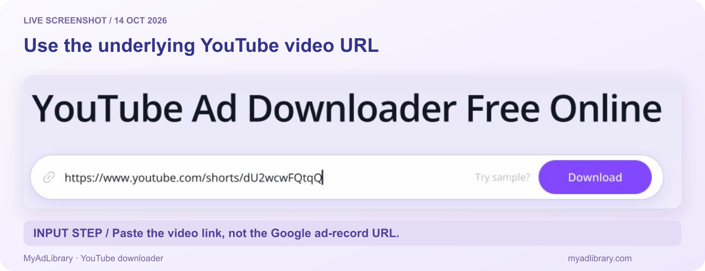MyAdLibrary YouTube downloader with a specific YouTube Shorts link pasted beside the Download button