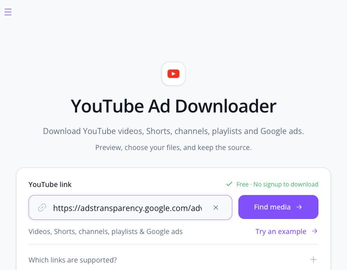 YouTube downloader accepting a Google Ads Transparency advertiser address in its source input before Find media